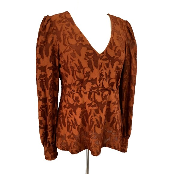 Eva Franco Anthropologie Burnout Velvet Top sz XS Puff Sleeve Sheer Rust Orange - Picture 11 of 16